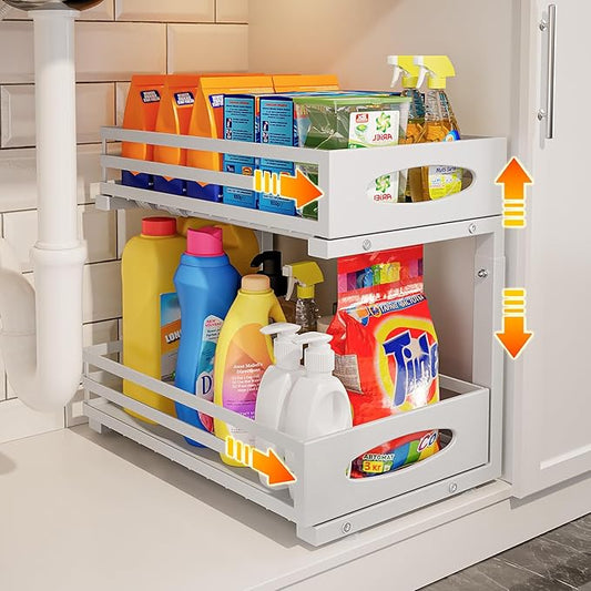 Under Sink Organizer, Pull Out Cabinet Organizers, Slide Sink Steel Shelf Cabinet Storage Shelves, Under Sink Storage for Kitchen Bathroom Cabinet (White, 1 Pack)