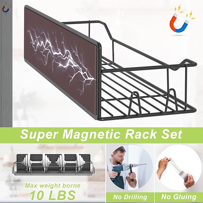 Magnetic Spice Rack for Refrigerator, 2 Pack Strong Magnet Spice Organizer Shelves with Hooks, Magnetic Fridge Shelf for Kitchen Organization and Storage, Seasoning Organizer Gadgets (Black)