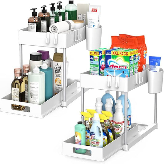 Under Sink Organizers and Storage, 2 Pack Large Capacity Heavy Load Pull-out Under Sink Shelves with Sliding Drawer for Kitchen and Bathroom, White