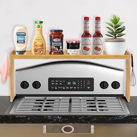 Bamboo Stove Top Shelf - Over The Stove Shelf for Kitchen, 31" Countertop Spice Rack Organizer Kitchen Space Savers, Protective Lips with 6 Hooks, Easy to Assemble