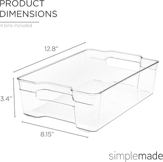 SIMPLEMADE Clear Refrigerator Organizer Bins - Clear Bins for Fridge, Containers for Fridge and Freezer, Multipurpose Storage for Kitchen, Office, Bathroom, Pack of 4 (8" x 12")