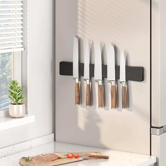 Magnetic Knife Holder for Wall, 16" Acacia Wood No Drill Knife Magnet Strip Use as Tool Key Storage Knife Bar, Powerful Wall Mounted Magnetic Knife Rack for Refrigerator & Kitchen Utensil Organizer