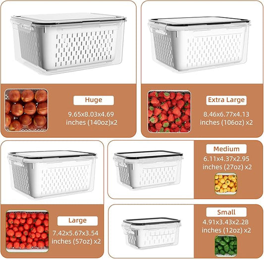 10 Pack Fruit Storage Containers for Fridge with Removable Colanders - Food Storage Containers with Lids, BPA-Free Produce Containers Keep Fruits, Vegetables, Berry, Meat Fresh Longer