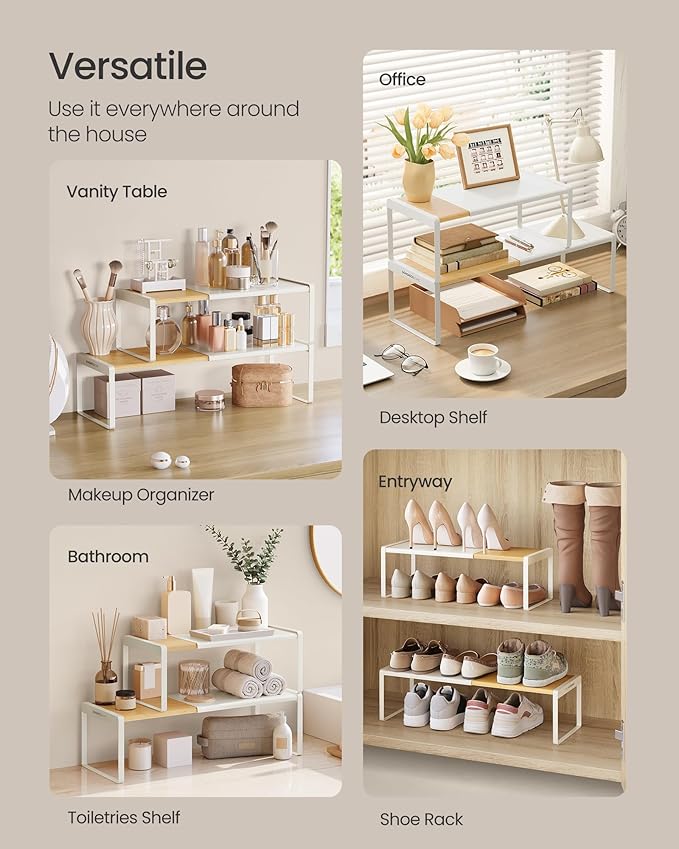 SONGMICS HOME Spice Racks, Expandable Cupboard Shelf Orgnizers, Kitchen Counter Shelves, Bamboo and Metal, Space-Saving Shelving, Stackable, Natural Beige and Cream White UKCS051N01