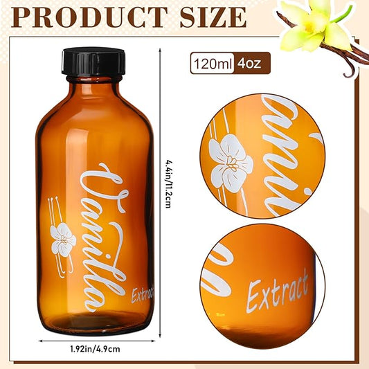 Uiifan 12 Pack 4 oz Amber Glass Bottle Boston Round Bottles with Caps Brown Vanilla Extract Bottles High Temperature Screen Printing for Syrup Gift Glass Food Storage Canister Set Sauce Beans