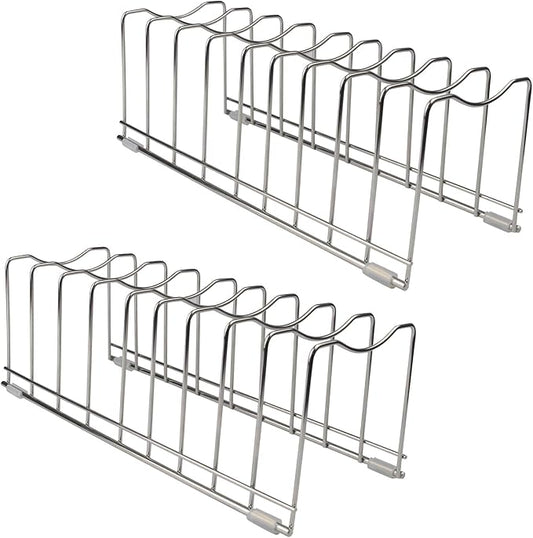 Pot Lid Organizer, Pot and Pan Lid Holder Kitchen Pot Lid Rack, Best Organization Tool Suitable for Baking Pan, Cutting Board, Trays (2 PCS, 8 Silicone Foot Covers)