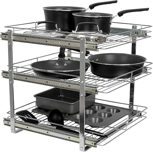 Household Essentials Glidez Multipurpose Chrome-Plated Steel Pull-Out/Slide-Out Triple-Sliding Storage Organizer for Cookware and Bakeware - 3-Tier Design - Fits Standard Size Cabinet or Shelf, Chrome