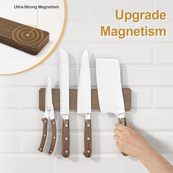 Magnetic Knife Holder for Wall, 10" Acacia Wood No Drill Knife Magnet Strip Use as Tool Key Storage Knife Bar, Powerful Wall Mounted Magnetic Knife Rack for Refrigerator & Kitchen Utensil Organizer