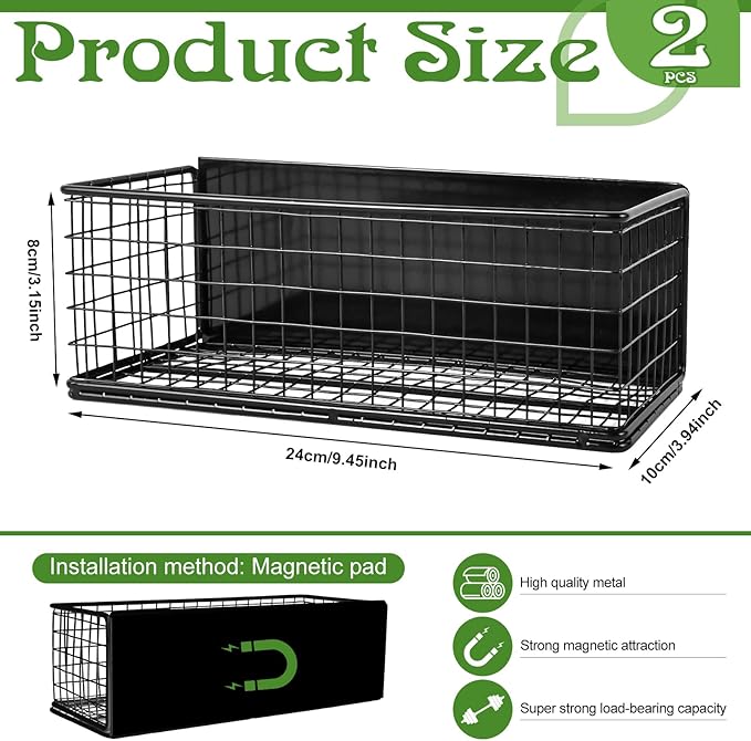 2 Pack Magnetic Basket for Fridge Magnetic Fridge Shelf Versatile Metal Organizer Storage Bin Moveable Strong Magnetic Spice Rack Organizer for Home Kitchen Office Refrigerator Holds