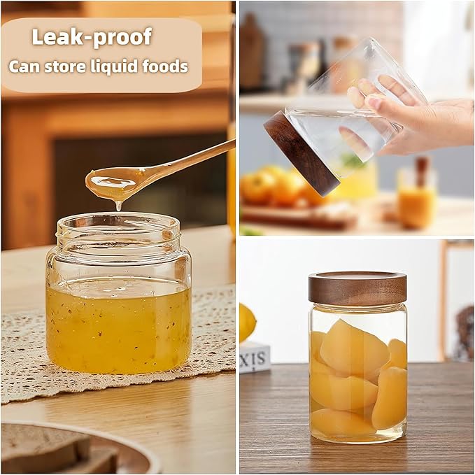 17 Fl oz/500 ml Glass Food Storage Jar, Small Clear Glass Container Jar with Airtight Wooden Screw Lid, Kitchen Canisters for Coffee,Tea,Pasta,Cookies, Nuts,Spice,Candy,Overnight Oatmeal