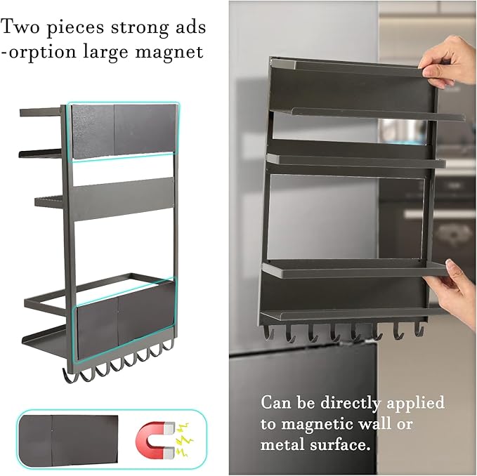 Magnetic Spice Rack For Refrigeratorwith 8-Hook，Magnetic Paper Towel Holder ，with Strong Adhesion, Rust-Proof & Space-Saving Design for Kitchen, Bathroom