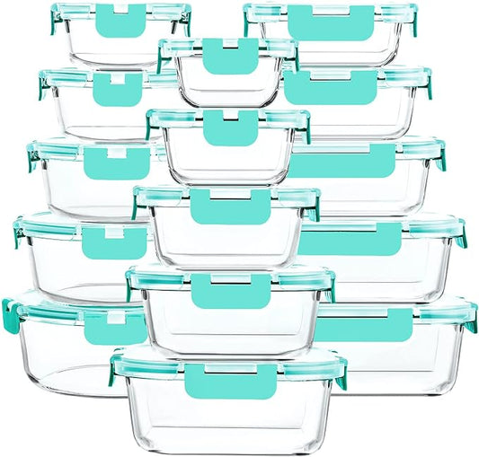 M MCIRCO 30 Pieces Glass Food Storage Containers with Upgraded Snap Locking Lids,Glass Meal Prep Set - Airtight Lunch Containers, Microwave, Oven, Freezer and Dishwasher Friendly (Green)