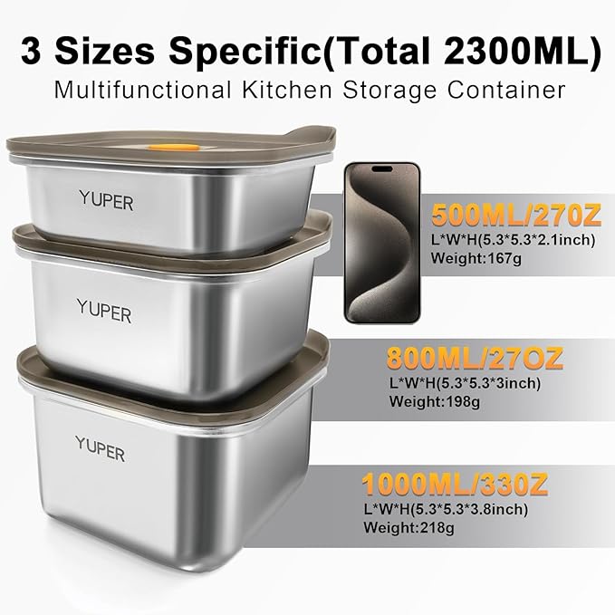 YUPER Stainless Steel Food Containers, Meal Prep Container, Bacon Cheese Container for Refrigerator, Stainless Steel Containers with Lids Fruit Lunch Storage, 3 Pack (17+27+33OZ)