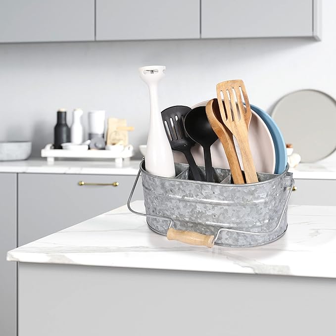 Galvanized Metal Caddy with 4 Compartments, Rustic Farmhouse Kitchen Picnic Utensil Holder, Multipurpose Storage Bin, Metal Garden Planters - 12 Inch - Antique Natural