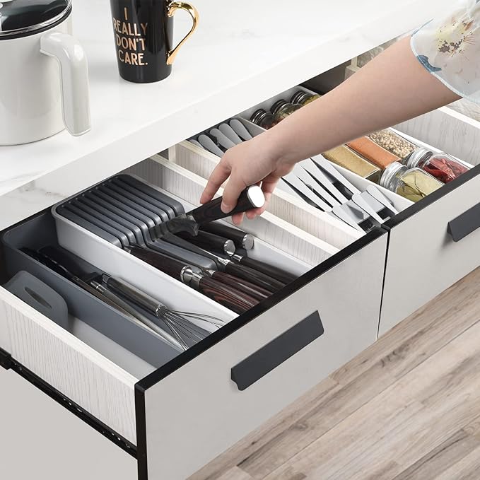 Expandable Drawer Organizers with Knife Block Knife Drawer Organizer stackable Cutlery Tray Knife Holder adjustable tray with Knife Block 9 Knives slot DIY drawer organizer(1 pack)