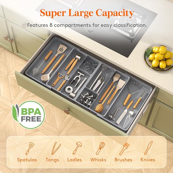 Lifewit Large Utensil Organizer for Kitchen Drawer, Expandable From 21 to 36 Inches, Adjustable Cooking Silverware Tray, Plastic Cutlery Flatware Holder, Spatula Tools Gadgets Storage Divider, Gray
