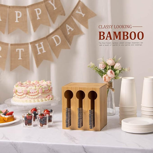 Bamboo Utensil Dispenser for Spoons and Forks, Plastic Utensil Holder Station with 3 Compartments, Plastic Utensil Organizer, Cutlery Dispenser for Party, Wedding, Church and Breakroom