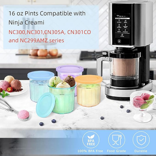 16oz ice cream Containers Replacement for Ninja Creami Pints and Lids - 4 Pack, Compatible with NC301 NC300 NC299AMZ Series Ice Cream Makers, Airtight, Leak Proof & Dishwasher Safe