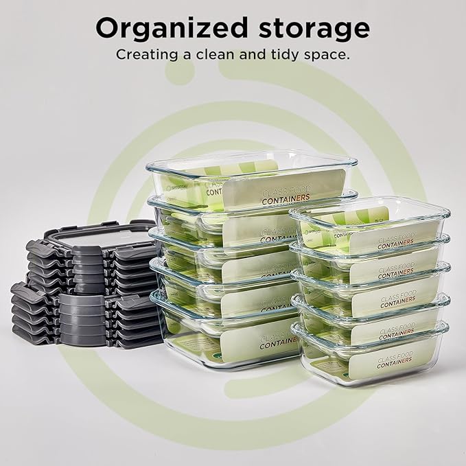 Glass Food Storage Containers with Glass Lids,10 pack [36oz*5+13.5oz*5], Glass Meal Prep Container with Airtight Lids, Microwave Safe Food Container Set, BPA Free, LeakProof, Ideal for Lunch