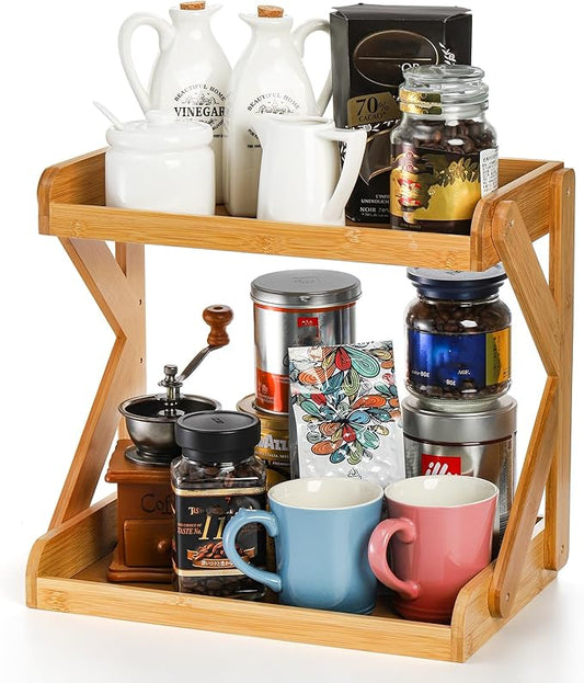 AVLA 2-Tier Coffee Station Organizer, Bamboo Kitchen Counter Shelf, Countertop Spice Condiment Rack Syrup Storage Holder, Tea Station Stand for Coffee Bar Accessories, Office, Home, Desktop