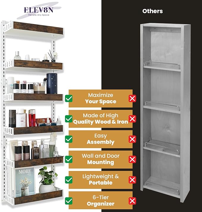 Over The Door Organizer - 6-Tier Pantry Organizer & Storage Shelf, Wooden Spice Rack with 12 Hooks, Multipurpose Behind Door Storage Solution for Kitchen, Bathroom, or Closet Wall Mount Use