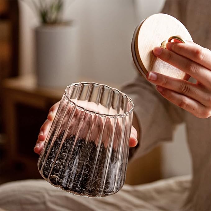 Strip Pattern Clear Glass Candy Jar with Bamboo Lid,Food Storage Jar,Glass Jar with Lid,Coffee Sugar Canister Airtight Storage Container (Conical)