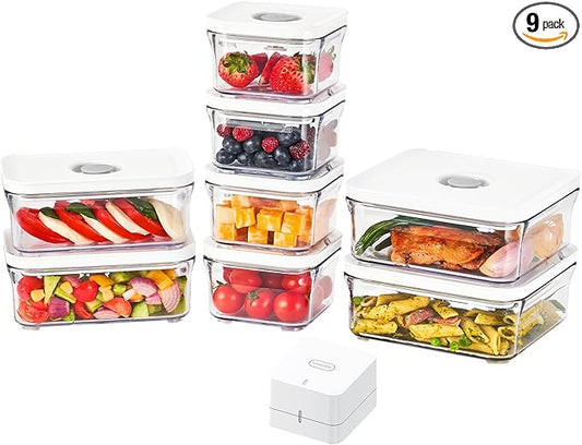 Premium Airtight Food Storage Containers, Mini 9P/SET include Vacuum Sealer, Smart One-Click Seal Lid, No Hinges, 100% Leak Proof, BPA-FREE, Dishwasher, Freezer & Microwave Safe