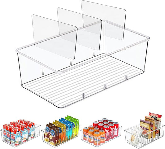5 Pack Pantry Organizer with Removable Dividers, Snack Organizer for Pantry, Chip,Clear Acrylic Food Storage Bins for Kitchen, Fridge, Cabinet,Packets, Pouches