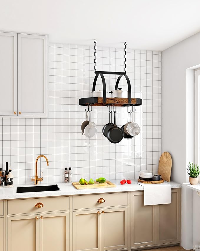 Hanging Pot Rack, Pot Hanger for Kitchen, Ceiling Mounted Pot Holder, Cookware Organizer with 9 S-Shaped Hooks, for Pot, Pan Storage, Space-Saving, Rustic Brown and Black TPR07BF