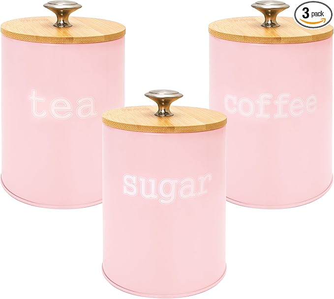 3PCS Pink Kitchen Canister Set 6.1" x 3.7" Matte Condiment Pot Metal Tin Jar Container with Bamboo Airtight Lid to Store Dry Food Spices Coffee Tea Sugar Storage Accessories for Bar Counter Farm House