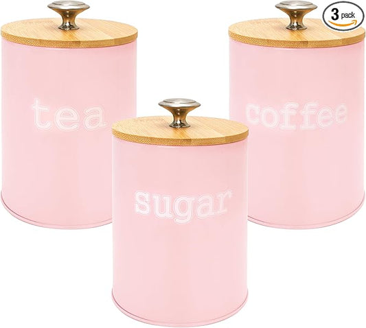 3PCS Pink Kitchen Canister Set 6.1" x 3.7" Matte Condiment Pot Metal Tin Jar Container with Bamboo Airtight Lid to Store Dry Food Spices Coffee Tea Sugar Storage Accessories for Bar Counter Farm House
