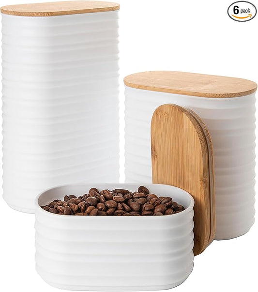 Mixpresso 3 Pcs White Canisters Sets For The Kitchen, Airtight Plastic Canister With Bamboo Lid, Coffee And Sugar Canister Set, Decorative Sugar Container, Kitchen Decor For Counter