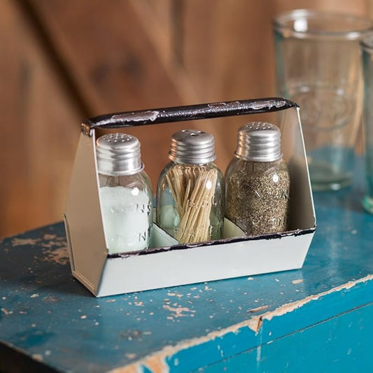 Toolbox Salt Pepper and Toothpick Caddy White by Colonial TinWorks (White, Brown)