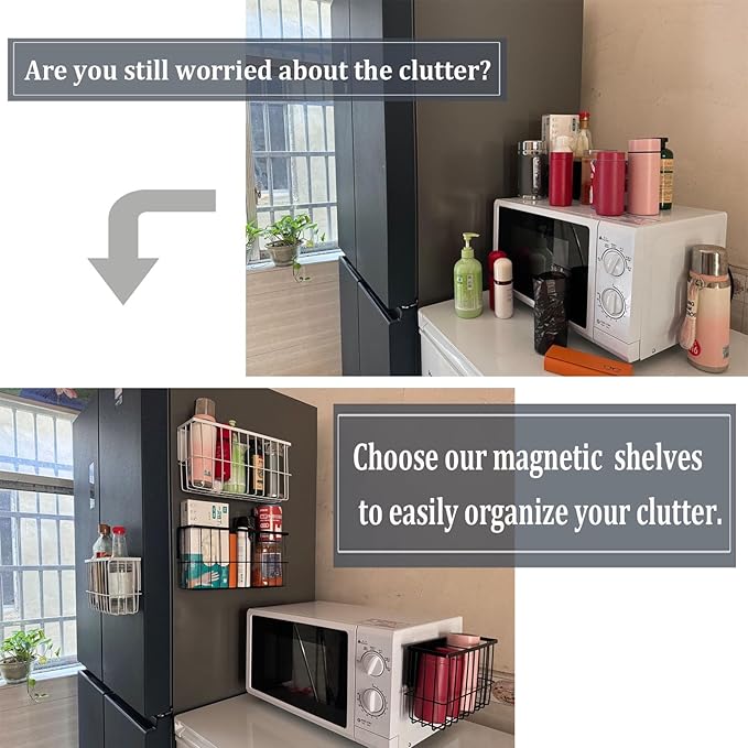 Magnetic Shelf for Fridge, Large Black Metal Magnetic Basket, Adjustable Kitchen Storage for Fridge, Pantry, or Any Metal Surface, Holds Spices, Cans, Jars (10 lbs Capacity)