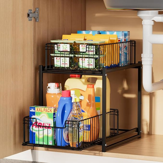 Under Sink Organizer, 2-Tier Pull Out Cabinet Organizer, Kitchen Bathroom Organizer and Storage, Spice Rack for Kitchen, Multi-use Sliding Drawers Shelves (1 Pack)