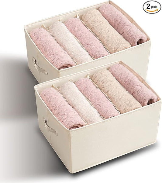 2 Packs Wardrobe Clothes Organizer, Foldable Closet Organizers Extra large 5 Grids Fabric Drawer Dividers with Double Handles for Jeans, Clothes, Pants, Sweaters, T-Shirts (Cream)