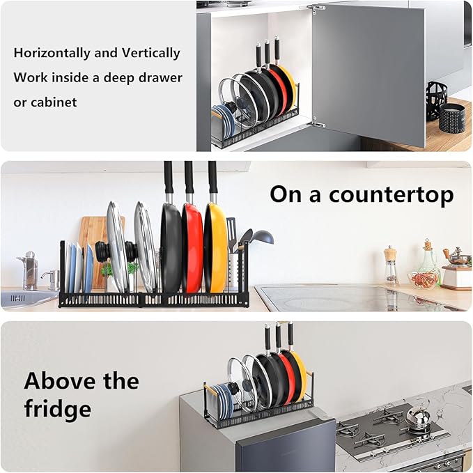 2024 Pots and Pans Organizer Under Cabinet Wood Handle, Expandable Pot Lid Organizer Pot Racks for Cabinet Pot Lid Holders 7 Adjustable Dividers for Pot, Bakeware, Cutting Board, Lid, Dishes
