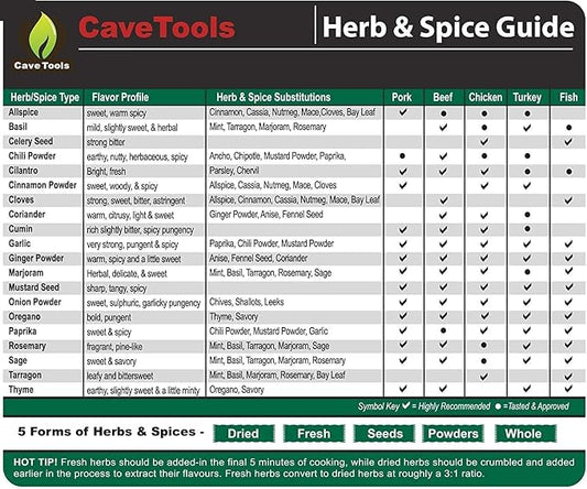 Spice Rack & Herb Organizer Set Magnet - Kitchen Cooking Guide Conversion Chart with Grilling Rubs & BBQ Seasoning Substitutions - Measuring Spoon Barbecue Accessories Gift Idea by Cave Tools