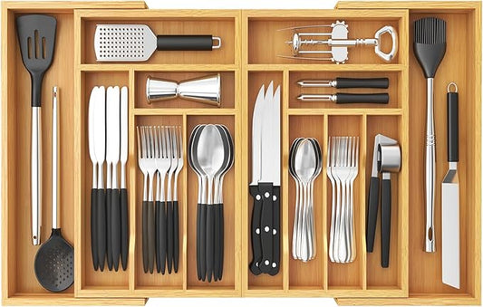 Lifewit Large Silverware Drawer Organizer, Expandable 21.4 to 36 Inches Wide, Bamboo Utensil Tray for Kitchen, Adjustable Flatware and Cutlery Holder for Spoons Forks Knives, 13 Compartments, Natural