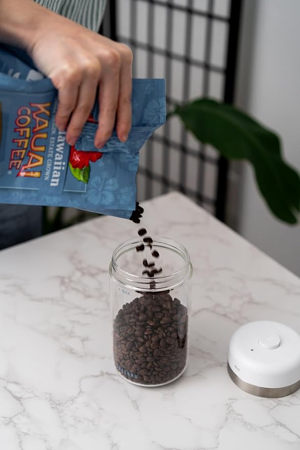 Smart Coffee Container & Food Storage w/Electric Vacuum Seal, Airtight Coffee Canister for Whole & Ground Bean Storage, Durable Borosilicate Glass Jar, Charging Cable Included, 10.5oz / 250g