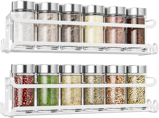 LUCYCAZ 2 Pack Wall Mounted Spice Rack with 8 Hooks, Spice Organizer for Cabinet Pantry Door,Screw or Adhesive Spice Shelf Hanging Wall Spice Rack in Kitchen and RV (White, 2 PACK)
