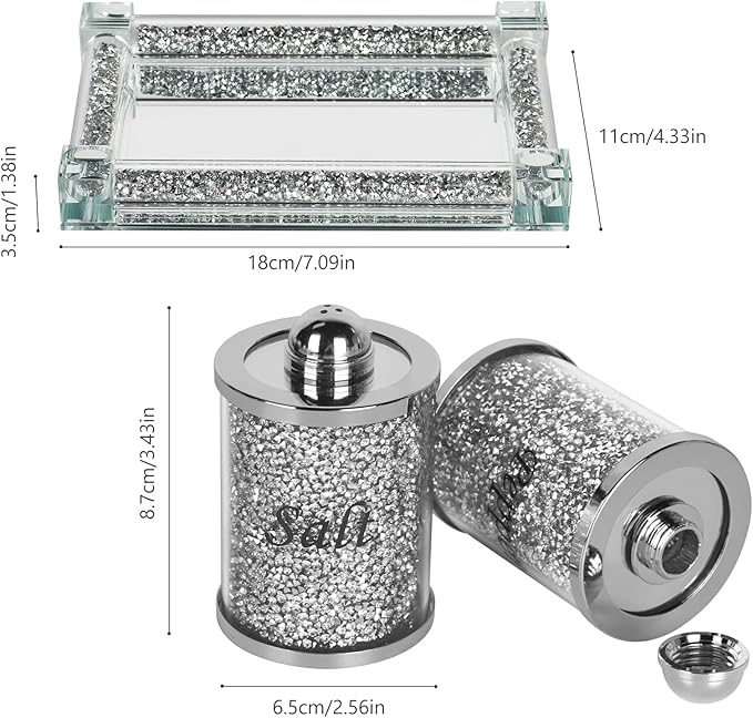 Crystal Salt and Pepper Shakers Set with Tray,Sparkly Crystal Crushed Diamond House Decor for Kitchen,Bling Salt Pepper Jar Container Pot for Countertop,saleros para cocina elegantes,Silver