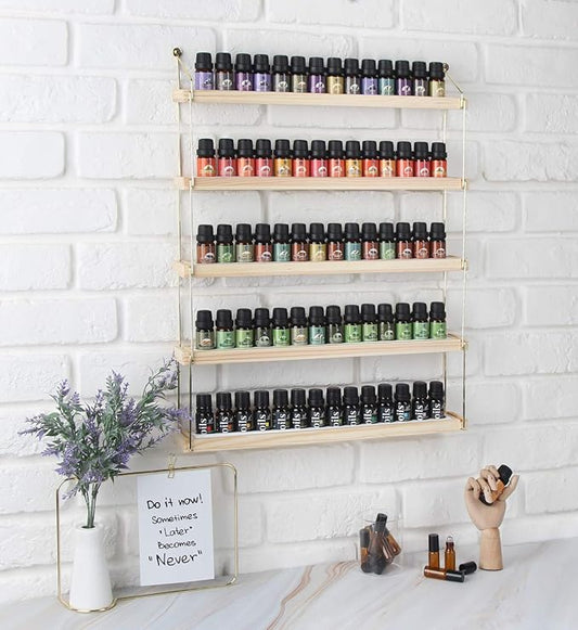 J JACKCUBE DESIGN Wall Mount Essential Oils Display Shelf with 5 Tier for 70 Bottles Holder Gold Frame and Wood Rack Organizer - MK482B