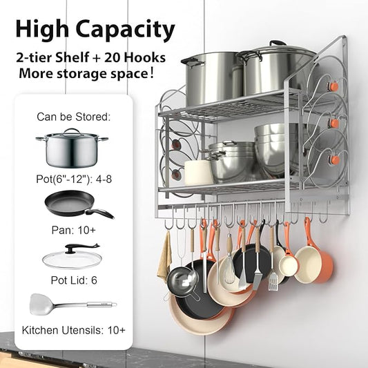 35 Inch Pot Rack Wall Mounted, 2 Tier Pots and Pans Organizer with 20 Hooks and 6 Pot Lid Holders, Heavy Duty Steel Pot and Pan Hanger for Kitchen Cookware Utensils Storage, Silver