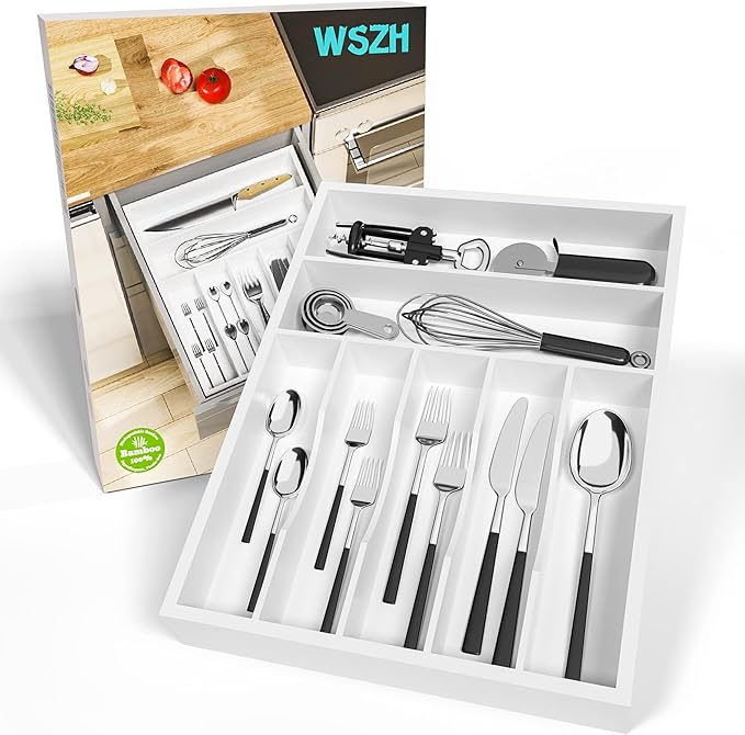 Utensil Organizer Silverware Drawer Organizer - 7 Slots Bamboo Cutlery Organizer Multi-Purpose Silverware Divider for Kitchen Flatware, Hair Accessories, Repair Tools, Art Set W13”x L17” (White)