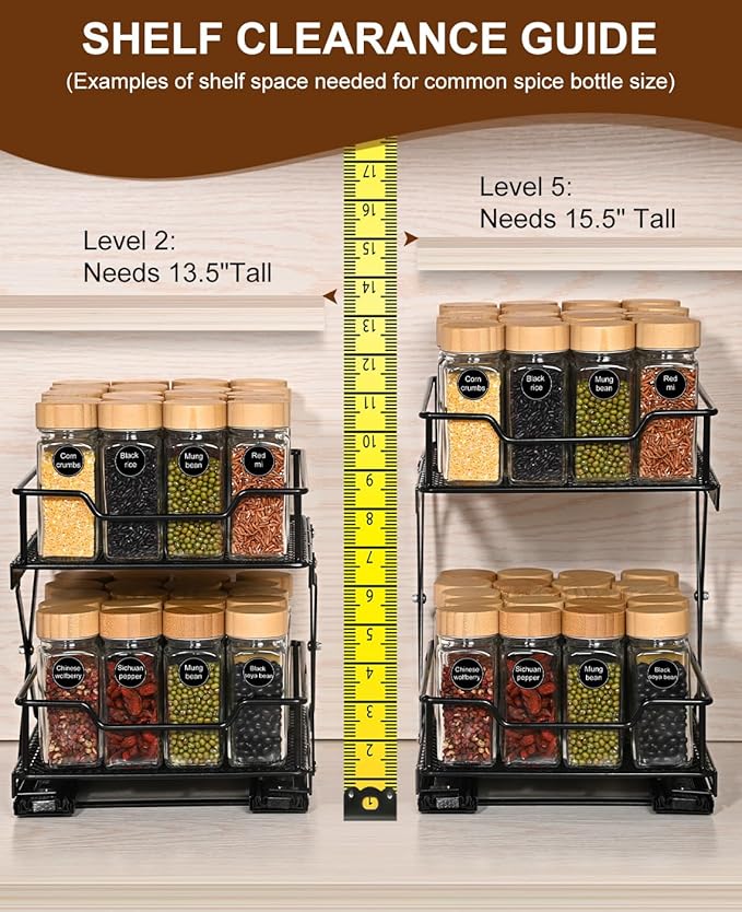 Sliding Spice Rack Organizer for Cabinet, 2-Tier Spice Cabinet Pull Out Rack, Adjustable Height Kitchen Sliding Racks for Cabinets, 6.2”-11.8”H × 8.2”W x 9.8”D