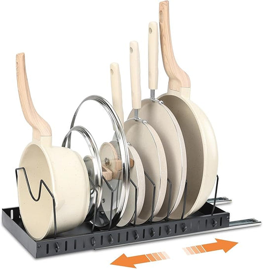 Kitchen Pots and Pans Organizer for Under Cabinet,Retractable Pot Lid Organizer with 8 Adjustable Compartment,17'*8.3" in Pot Rack for Kitchen Storage