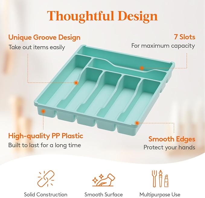 Lifewit Silverware Drawer Organizer Tray, Plastic Cutlery Storage for Kitchen Drawer, Flatware and Utensil Holder Divider for Spoons Forks Knives Tableware, 7 Compartment, Turquoise