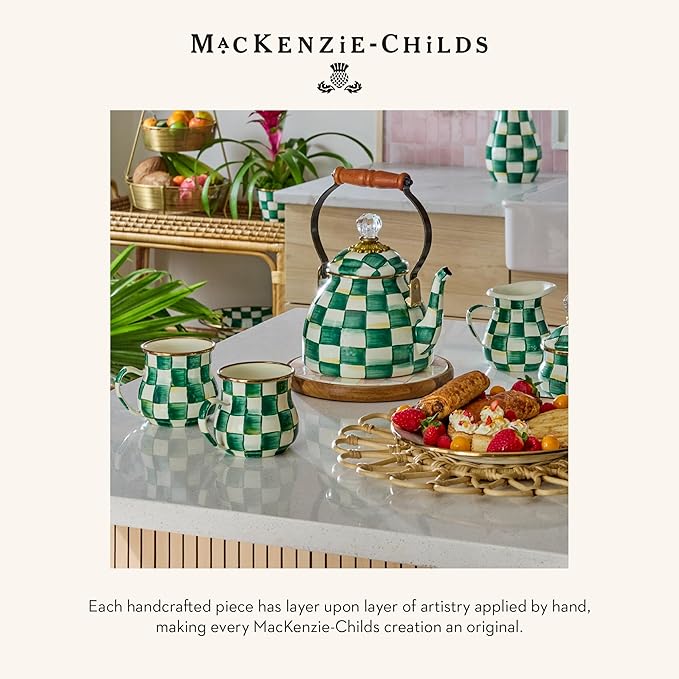 MACKENZIE-CHILDS Small Enamel Canister, Kitchen Storage Container with Lid, Green-and-White Emerald Check