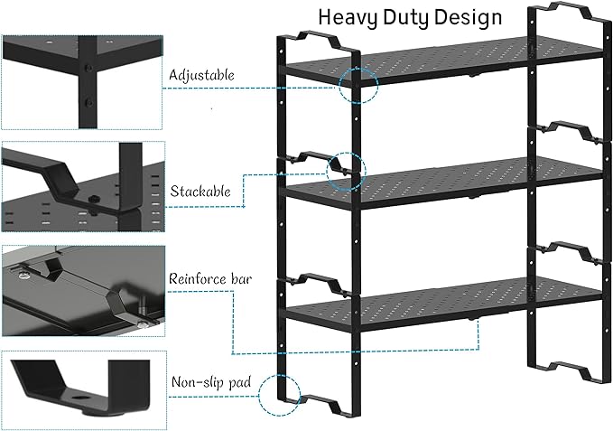 Expandable Shelf for Cabinet Organizer Adjustable Stackable Spice Rack at Kitchen and Bathroom More, Counter Countertop Cupboard Organization Pantry Storage (2 Packs/Black, Medium)